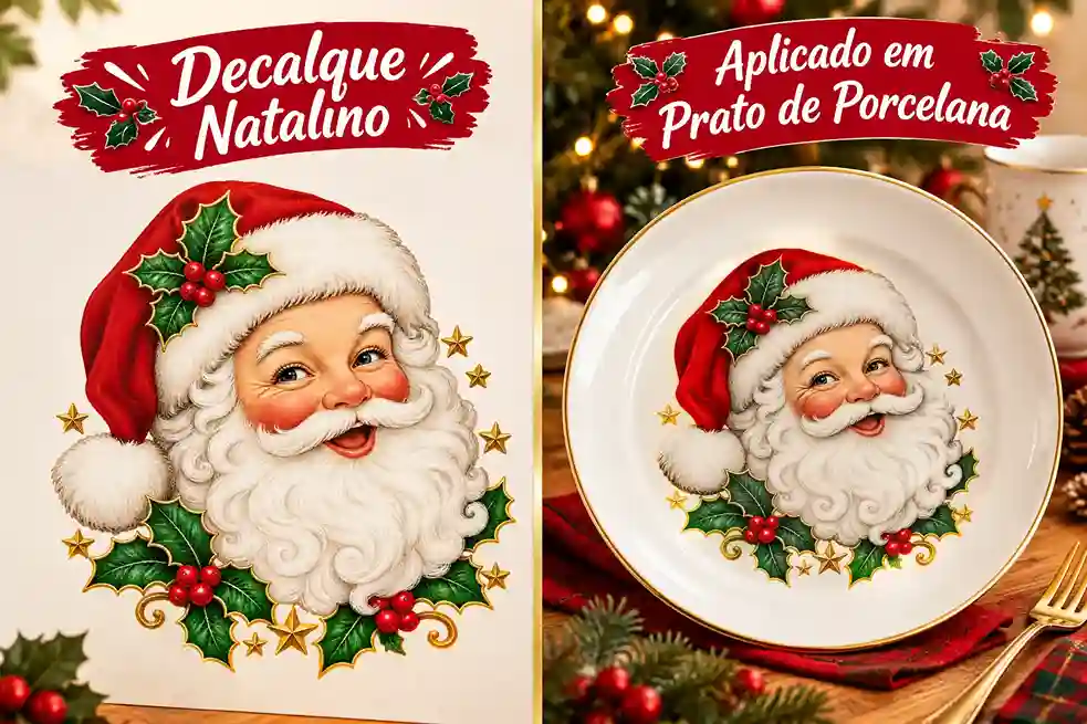 Decalque natalino de Papai Noel aplicado em prato de porcelana