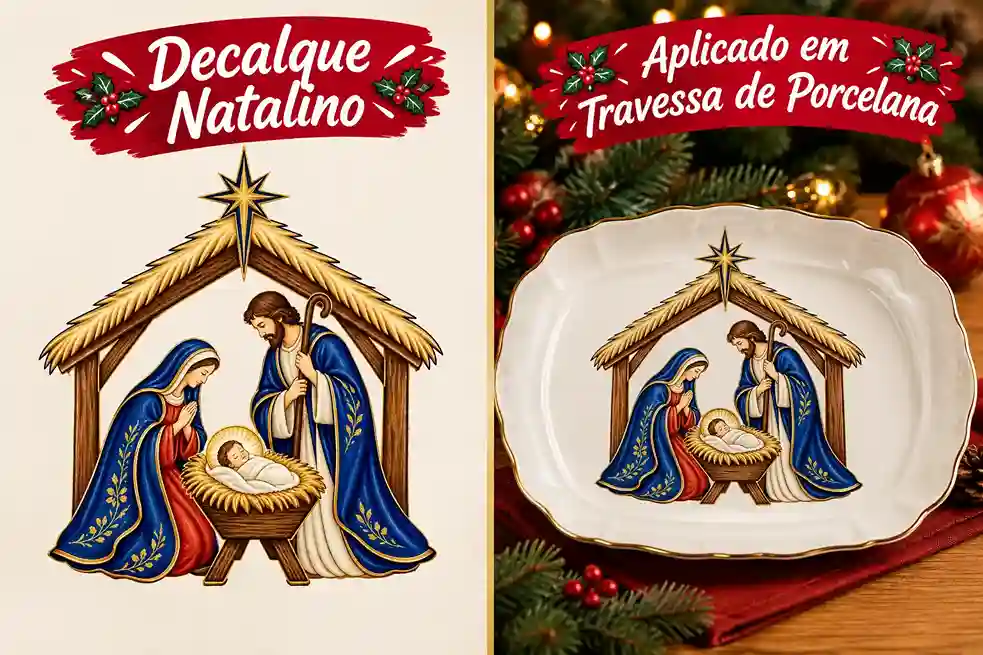 Decalque natalino cristão aplicado em travessa de porcelana