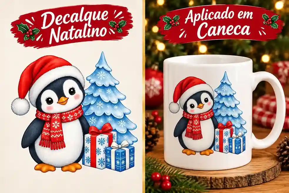 Decalque natalino de pinguim aplicado em caneca